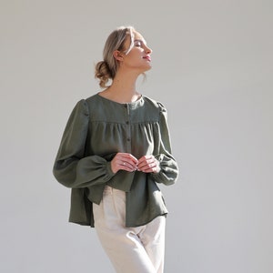 Flare Sleeve Linen Blouse: Ruffled Neck Button Front Top