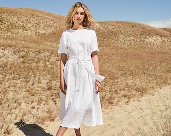 Linen dress PALOMA, Long Linen Dress with belt, A line dress for woman, Short sleeve linen dress, Calf length dress available in 27 colors