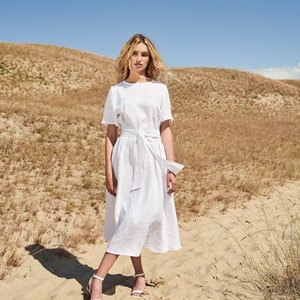 Linen dress PALOMA, Long Linen Dress with belt, A line dress for woman, Short sleeve linen dress, Calf length dress available in 27 colors