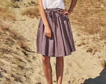 Linen midi length skirt SAGE, Linen skirt with belt, Ruffle waist linen skirt with pockets, Linen midi skirt for woman