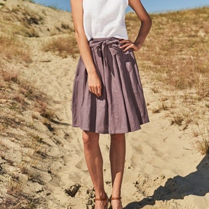 Linen midi length skirt SAGE, Linen skirt with belt, Ruffle waist linen skirt with pockets, Linen midi skirt for woman