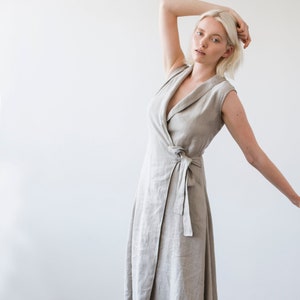 Wrap maxi dress SERENA, Linen wrap dress, Sleeveless linen dress Natural