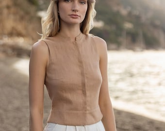 Tailored Linen Sleeveless Shirt: Cropped Band Collar Blouse GINNY