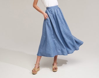 Linen skirt SHAY, Maxi linen skirt, Linen skirt with pockets, Linen maxi skirt, Ruffled waist skirt, Woman A line skirt