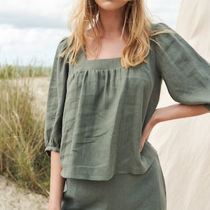 Leinentop mit eckigem Ausschnitt ESTHER mit Bischofsärmeln, gewaschenem europäischem Leinen