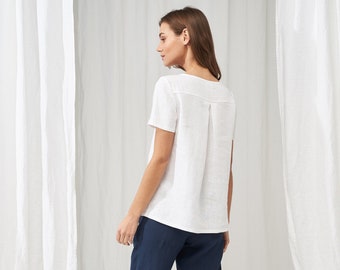 Linen back fold detail shirt OLIVIA, Short sleeve linen shirt for women, Casual linen top, Womens linen clothing, White linen blouse