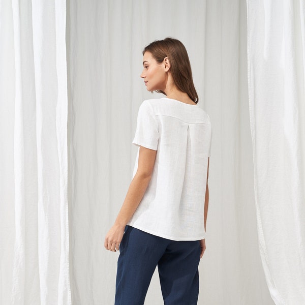 Linen back fold detail shirt OLIVIA, Short sleeve linen shirt for women, Casual linen top, Womens linen clothing, White linen blouse