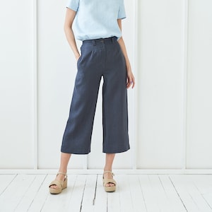 Wide leg linen pants GEMMA,  High waist linen crop pants, Linen flared pants, Linen culotte pants, Loose pants for woman, Linen trousers