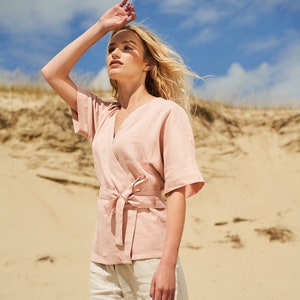 Linen Wrap Top DENISE: Short Sleeve Kimono Blouse