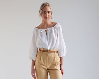 Scoop neck linen top BLOOM, Elbow sleeves linen top, Linen blouse with tie neck, Reglan sleeve linen top for woman