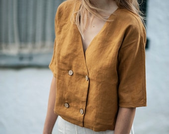 Double breasted linen blouse WILLA, Linen top short sleeves, Linen blouse, Linen crop top, Linen top with buttons, Linen top women