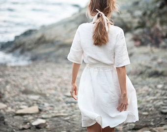 Linen dress MAEVE midi,  Linen dress with belt,  Simple linen dress, Spring linen dress, White dress, Resort dress