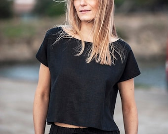 Lockeres Leinen Crop Top BERLIN : Kurzarm-Bluse - Wunschfarbe