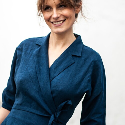 Linen dress ATHENA, Wrap dress, Linen dress with collar, Midi dress, Casual linen dress, Navy blue dress