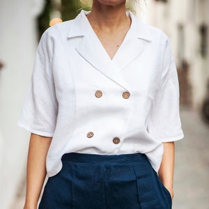 Double breasted linen shirt SALMA, Linen shirt short sleeves, Notched collar linen shirt, Linen top, White linen top, Linen top with buttons