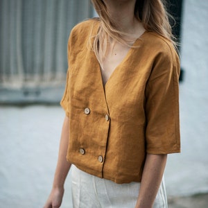 Double breasted linen blouse WILLA, Linen top short sleeves, Linen blouse, Linen crop top, Linen top with buttons, Linen top women Mustard