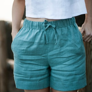 Linen drawstring shorts KAIA, Linen shorts for woman, Casual linen shorts, Teal linen shorts for woman, High waist shorts image 1