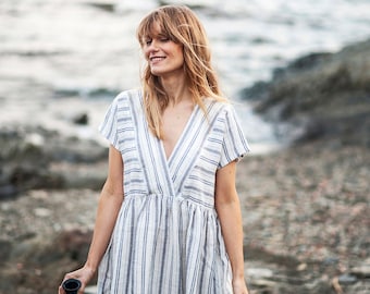 Grey and white striped linen dress Clearance