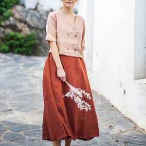 Falda larga de lino con pliegues FLORENCE: Espalda con volantes, bolsillos