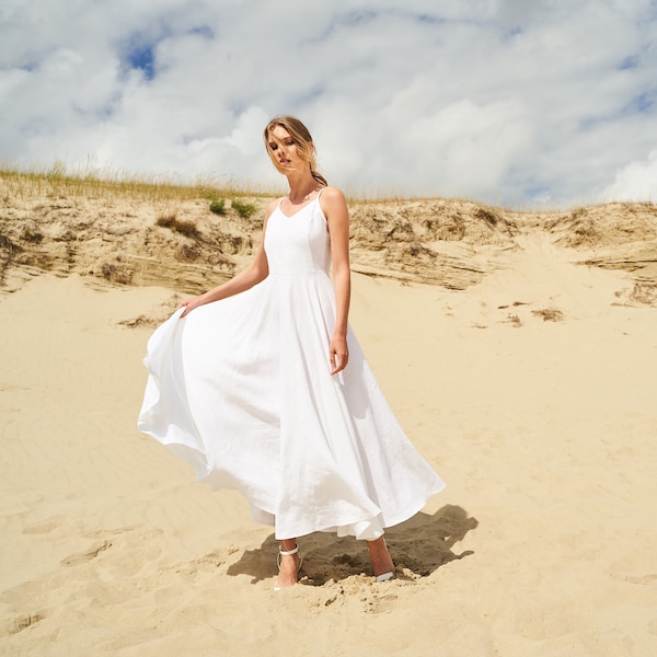 Maxi linen dress ODESSA, Linen circle dress with spaghetti straps, Linen wedding dress, Long white linen dress for woman, Occasion dress