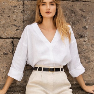 Loose Linen Blouse PANDORA: Deep V Neck, Softened Lithuanian Linen