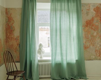 Cortinas de lino hechas a mano: Cortinas semitransparentes con bolsillo para barra (juego de 2), cortinas multifuncionales con cabecera, paneles de lino para ventanas.