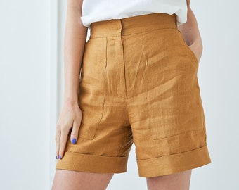 High waisted linen shorts ASPEN, Linen shorts for woman, 90s vintage inspired shorts for woman, Linen shorts with pockets