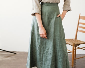 Long Linen Skirt: Moss Green Maxi Skirt with Pockets INDIA