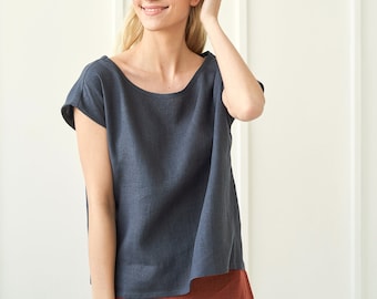 Linen blouse BERLIN, Charcoal linen top, Loose linen blouse custom color, Blouse with linen t shirt, Softened linen tee, Loose top