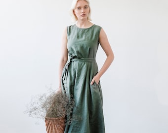 Linen dress CHLOE, Linen maxi dress with belt,  Long linen dress, Linen sleeveless dress , Moss green linen dress, Linen dresses for woman