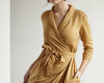 Robe en lin MARLENA avec col châle, robe maxi Wrap, robe longue en lin pour femme, robe en lin d'inspiration vintage, vêtements en lin pour femme