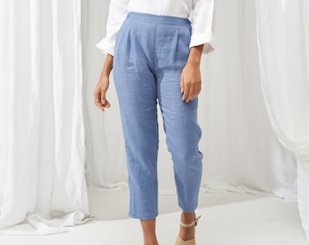 Elastic waist linen pants LETICIA, Tapered linen pants with front folds, Laundered linen pants, Natural handmade linen pants for woman