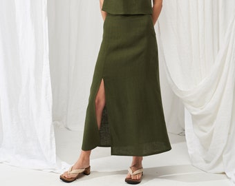 Linen skirt with front slit VALENCIA, Long linen skirt, High waisted skirt, Long skirt for woman, Handmade linen skirt, Calf length skirt