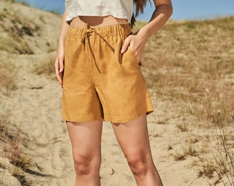 Linen drawstring shorts KAIA, Linen shorts for woman, Casual linen shorts, High waist linen shorts available in 27 colors