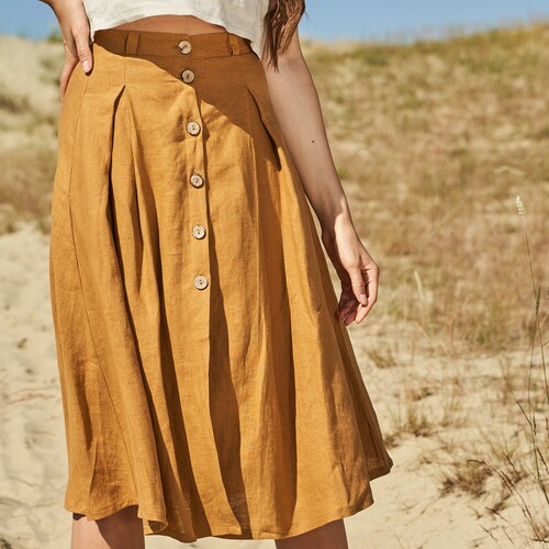 Button Front Linen Skirt BRINY Midi Skirt for Woman Mustard - Etsy