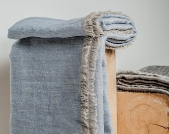 Bluish gray softened Linen throw, Linen throw blanket, Grey throw, Fringed throw blanket, Linen throws and blankets, Linen bed cover