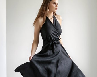 Linen dress HAZEL, Linen halter dress, Linen wrap dress, Summer linen dress, Natural linen dress, Black wrap dress, Halter dress