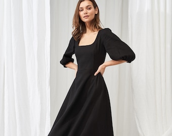 Linen puff sleeve dress AURORA in midi length, Square neck dress , Vintage inspired linen dress, Puff sleeve linen midi dress, A line dress