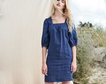 Linen Mini Dress ESTHER: Vintage Inspired Bishop Sleeve Square Neck