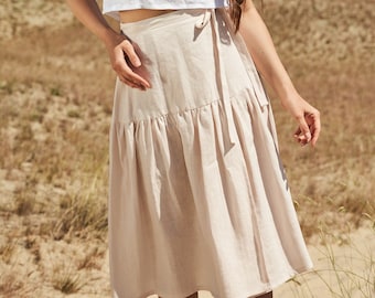 Wrap skirt SABRINA, Soft linen skirt, Ruffled calf length skirt, Long linen wrap skirt, Bohemian skirt for woman