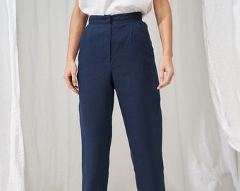 High Waisted Tapered Linen Pants DELANEY: Softened Lithuanian Linen Trousers