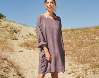 Linen tunic SOPHIE, Long sleeve linen dress, Casual linen dress with pockets, Midi length linen dress for woman, Loose wide neck dress