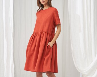 Loose linen dress DARLING , Linen ruffle waist dress, Linen dress with pockets, Midi length dress for woman, Linen summer dress