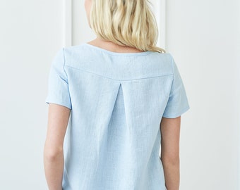 Linen Shirt: Short Sleeve Top with Back Fold Detail OLIVIA