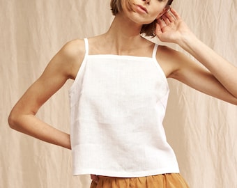 Linen crop top with spaghetti straps SKYLAR, White linen tank top, Spaghetti strap top, Crop top for woman, Linen summer blouse