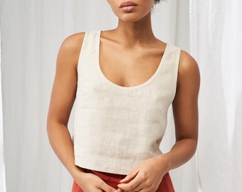 Crop Top STELLA aus Leinen: Ärmelloses Tank-Top mit Rundhalsausschnitt