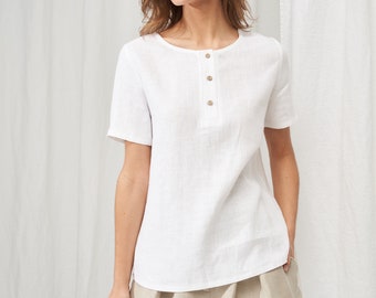 Linen Button-Front Shirt: Short Sleeve Casual Top NINA