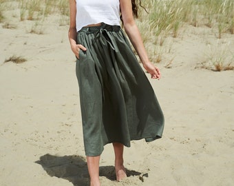 Linen maxi skirt SAGE, Long linen skirt with belt, Linen skirt with pockets, Maxi skirt for woman