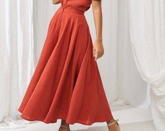 Linen full circle skirt WAVY, Maxi length skirt for woman, High waisted pure linen skirt, Long linen skirt with button closure