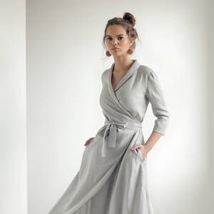 Linen wrap dress MARLENA, Linen dress shawl collar, Linen dress with belt, Summer dress, Natural linen dress, Grey wrap dress